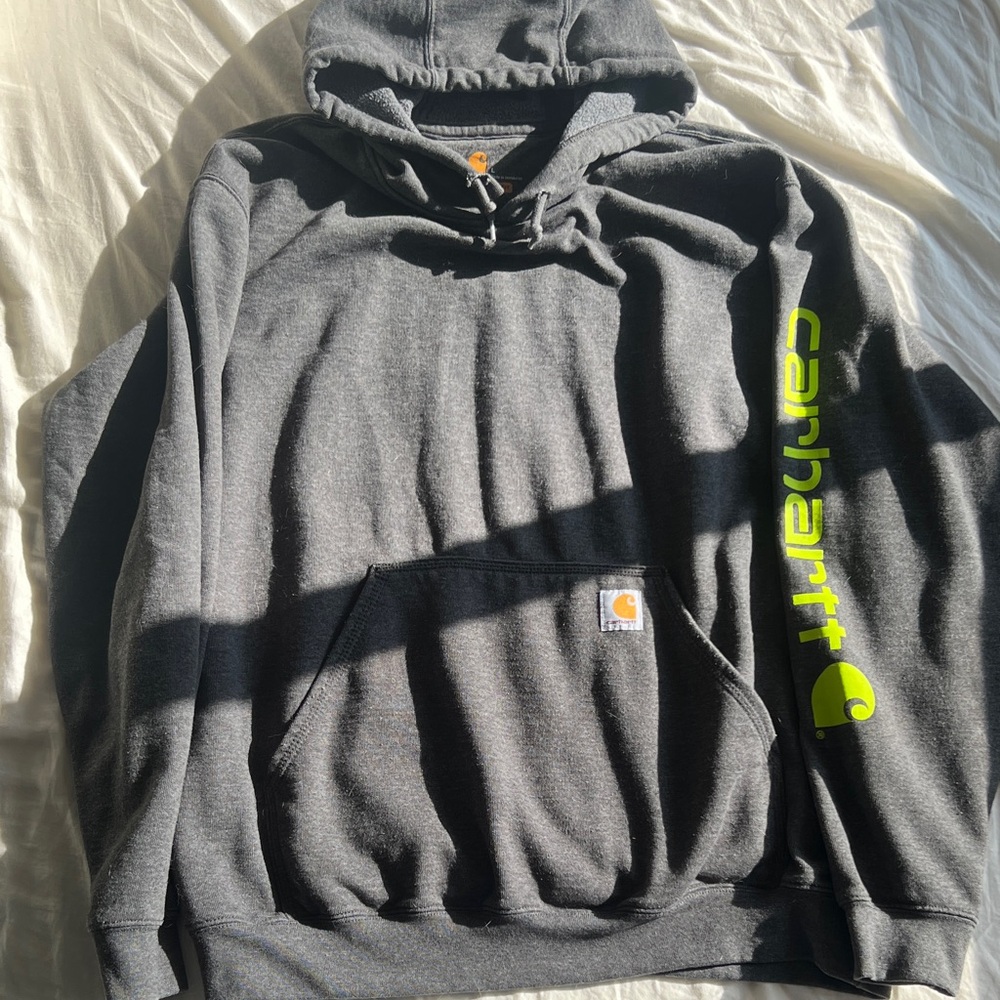 Carhartt Charcoal Hoodie with Bright Green Sleeve Logo